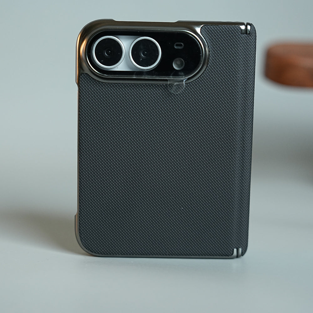 Premium Micro-Grid Textured Case for iPhone Duo with Chrome Finish, Camera Glass & Hinge Protection