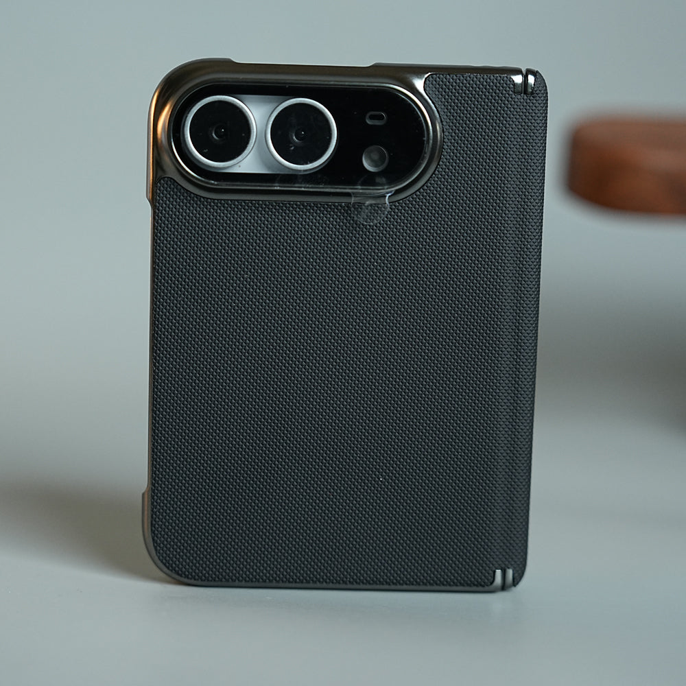 Premium Micro-Grid Textured Case for iPhone Duo with Chrome Finish, Camera Glass & Hinge Protection