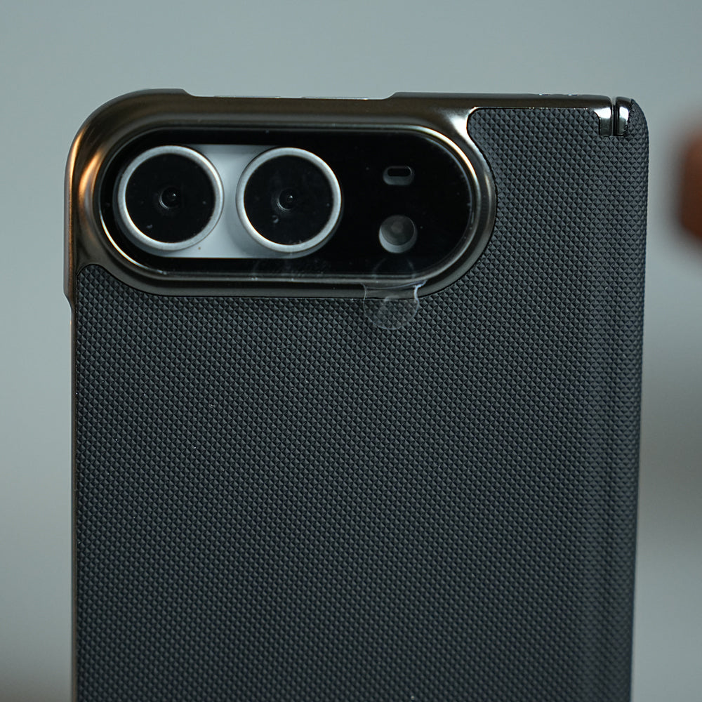 Premium Micro-Grid Textured Case for iPhone Duo with Chrome Finish, Camera Glass & Hinge Protection