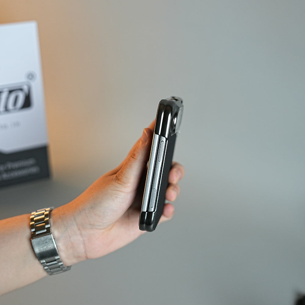 Premium Micro-Grid Textured Case for iPhone Duo with Chrome Finish, Camera Glass & Hinge Protection