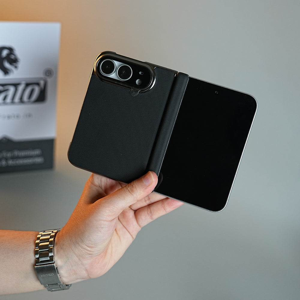 Premium Micro-Grid Textured Case for iPhone Duo with Chrome Finish, Camera Glass & Hinge Protection