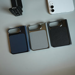 Textured Leather Case for iPhone Duo with Front Glass, Matte Chrome Finish & Hinge Protection