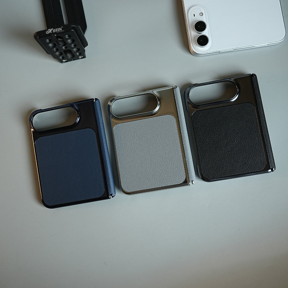 Textured Leather Case for iPhone Duo with Front Glass, Matte Chrome Finish & Hinge Protection