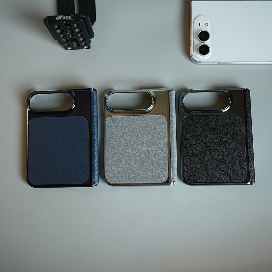 Textured Leather Case for iPhone Duo with Front Glass, Matte Chrome Finish & Hinge Protection