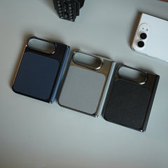 Textured Leather Case for iPhone Duo with Front Glass, Matte Chrome Finish & Hinge Protection