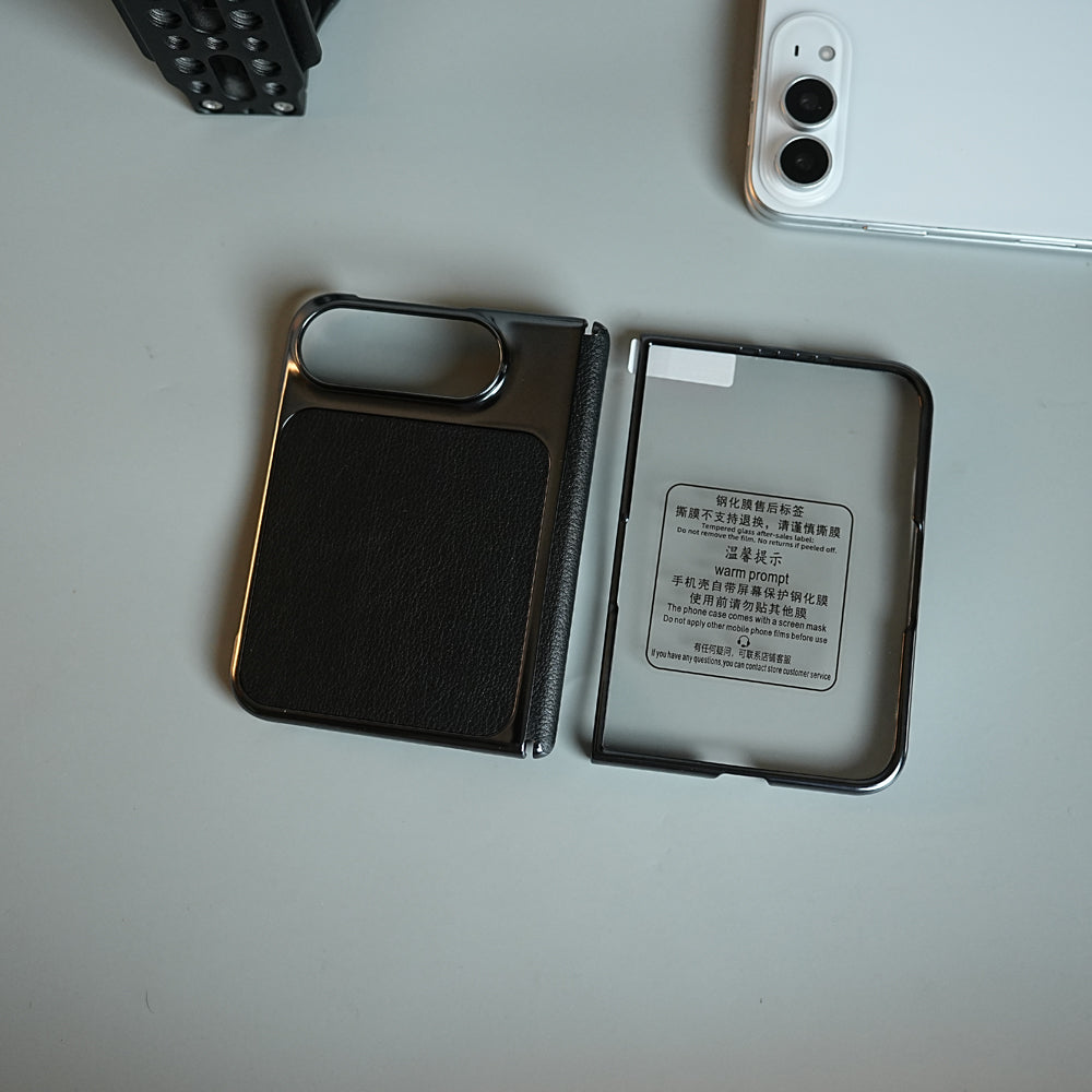 Textured Leather Case for iPhone Duo with Front Glass, Matte Chrome Finish & Hinge Protection