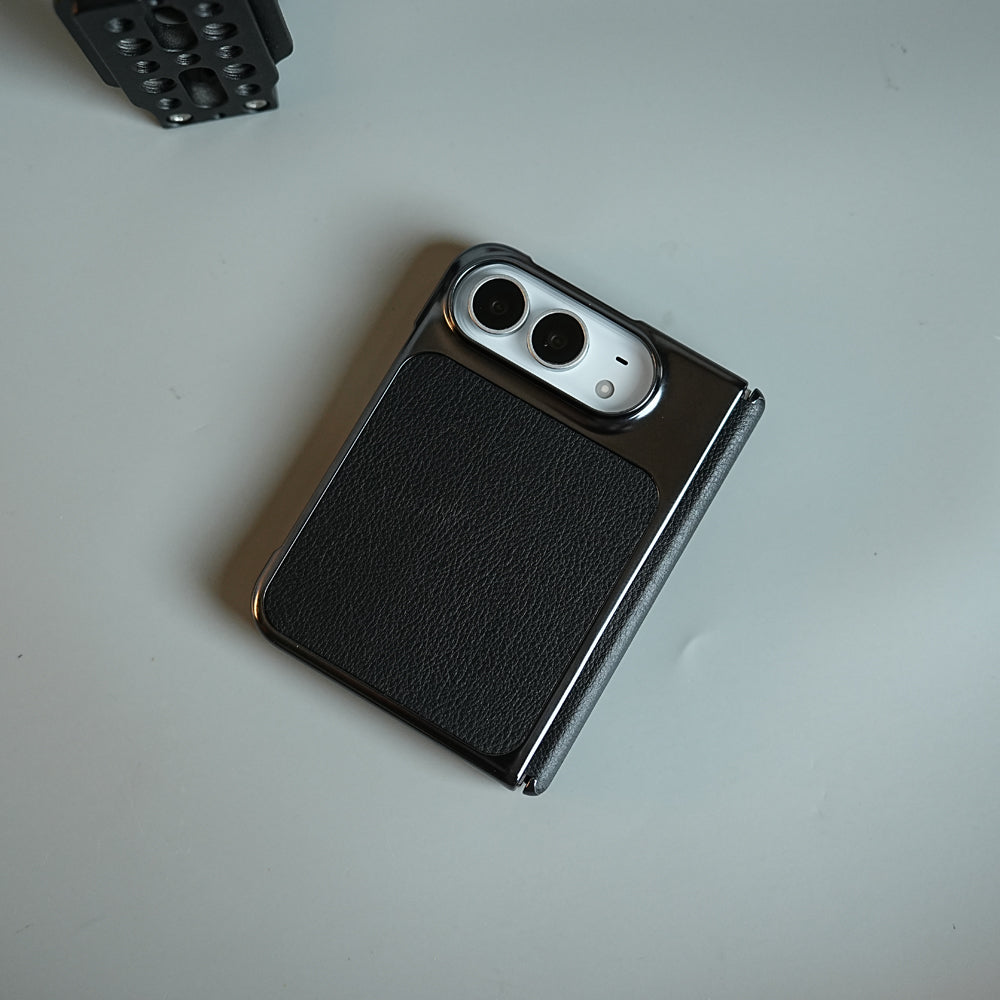 Textured Leather Case for iPhone Duo with Front Glass, Matte Chrome Finish & Hinge Protection