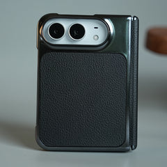 Textured Leather Case for iPhone Duo with Front Glass, Matte Chrome Finish & Hinge Protection