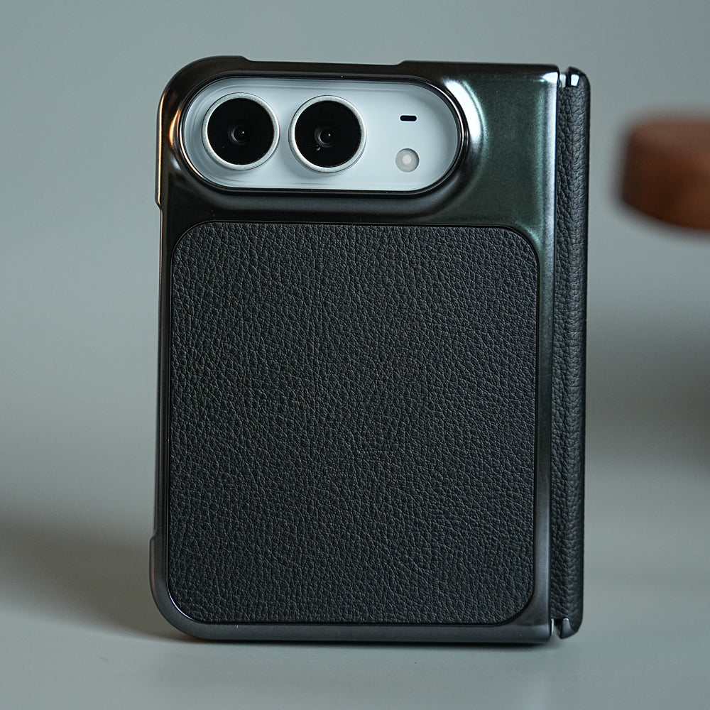 Textured Leather Case for iPhone Duo with Front Glass, Matte Chrome Finish & Hinge Protection