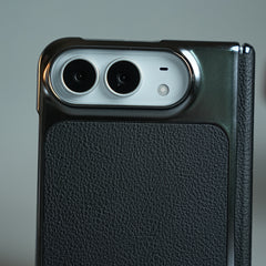 Textured Leather Case for iPhone Duo with Front Glass, Matte Chrome Finish & Hinge Protection