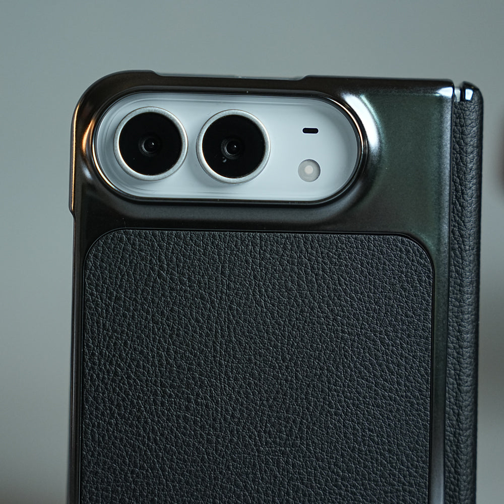 Textured Leather Case for iPhone Duo with Front Glass, Matte Chrome Finish & Hinge Protection
