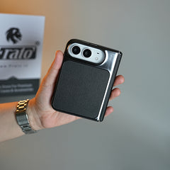 Textured Leather Case for iPhone Duo with Front Glass, Matte Chrome Finish & Hinge Protection