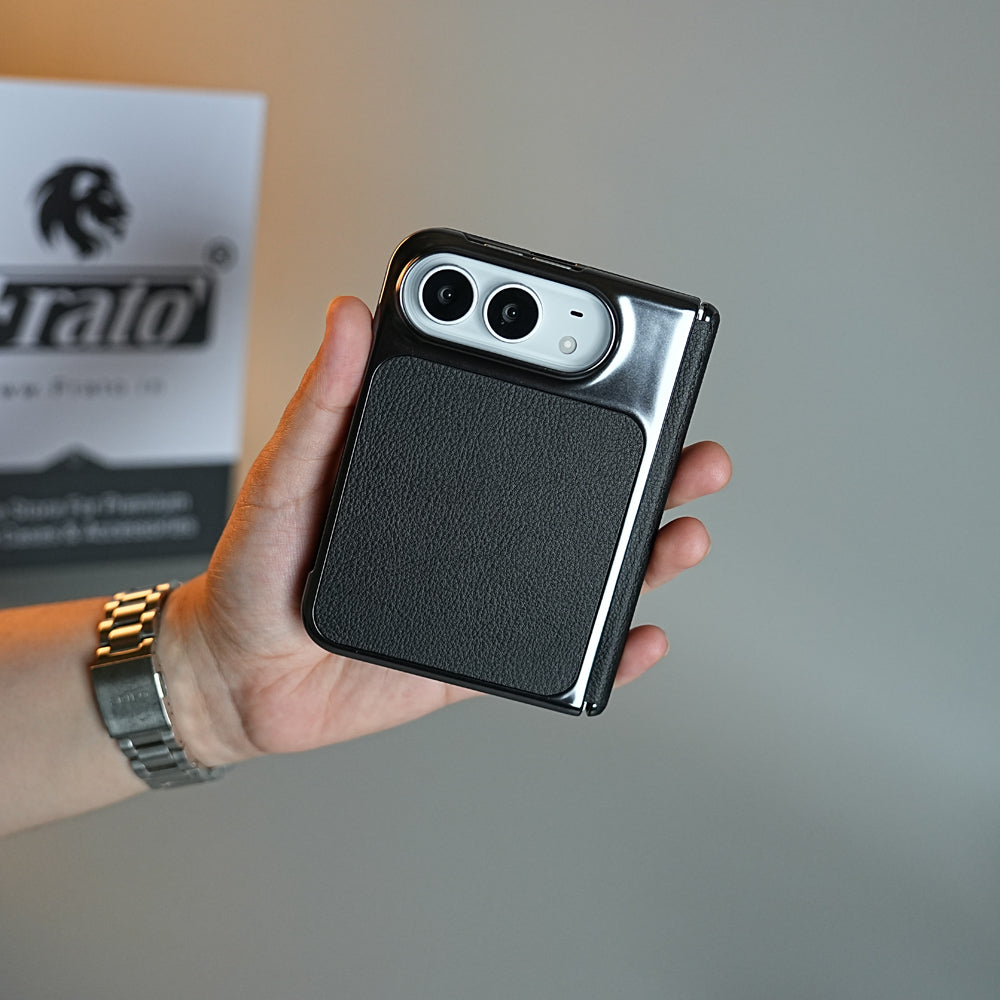 Textured Leather Case for iPhone Duo with Front Glass, Matte Chrome Finish & Hinge Protection