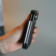 Textured Leather Case for iPhone Duo with Front Glass, Matte Chrome Finish & Hinge Protection