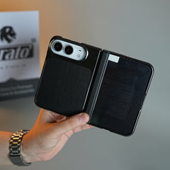 Textured Leather Case for iPhone Duo with Front Glass, Matte Chrome Finish & Hinge Protection