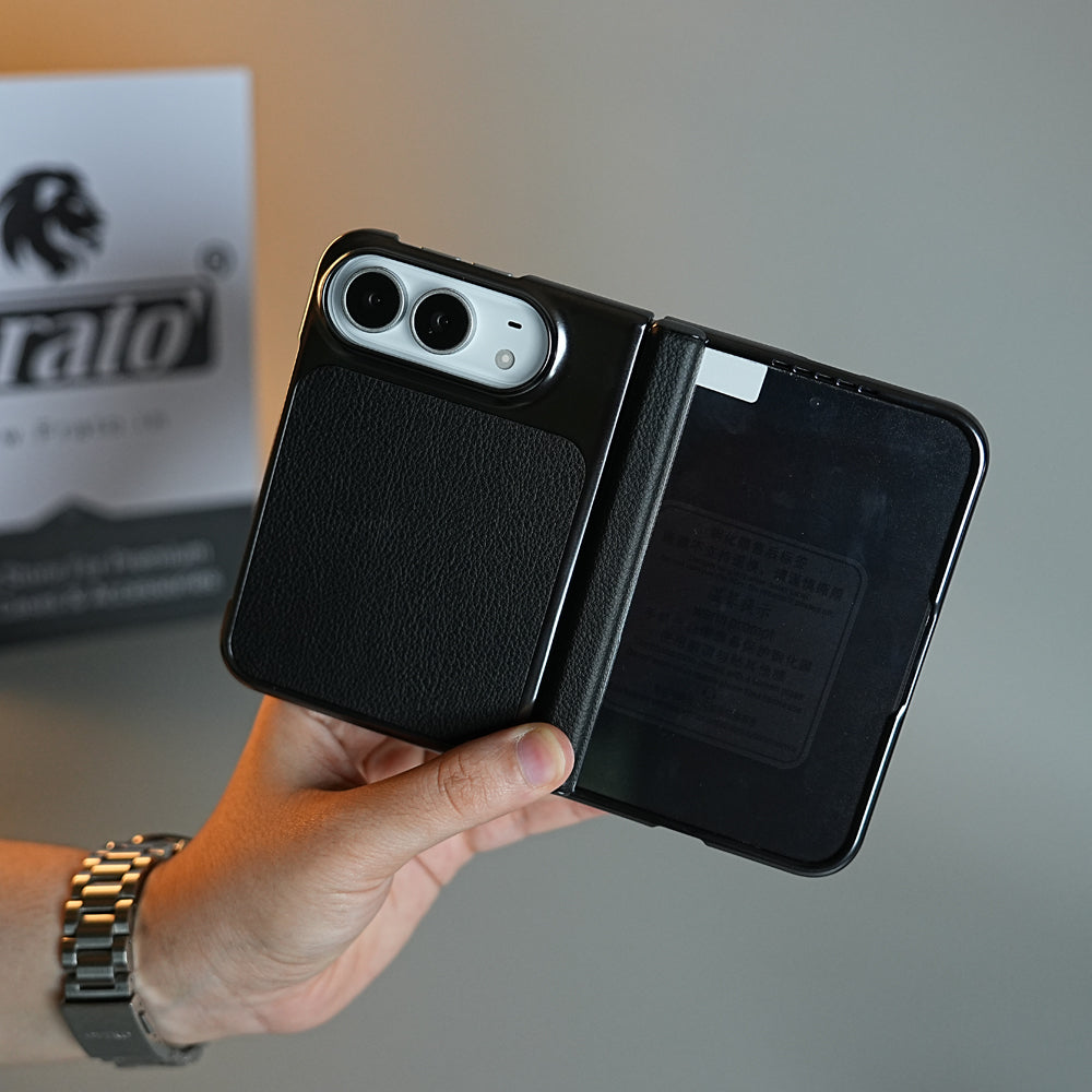 Textured Leather Case for iPhone Duo with Front Glass, Matte Chrome Finish & Hinge Protection