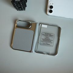 Textured Leather Case for iPhone Duo with Front Glass, Matte Chrome Finish & Hinge Protection