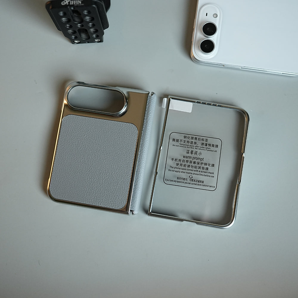 Textured Leather Case for iPhone Duo with Front Glass, Matte Chrome Finish & Hinge Protection