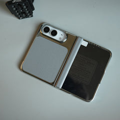 Textured Leather Case for iPhone Duo with Front Glass, Matte Chrome Finish & Hinge Protection