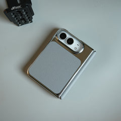 Textured Leather Case for iPhone Duo with Front Glass, Matte Chrome Finish & Hinge Protection