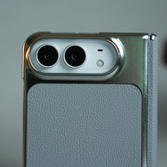 Textured Leather Case for iPhone Duo with Front Glass, Matte Chrome Finish & Hinge Protection
