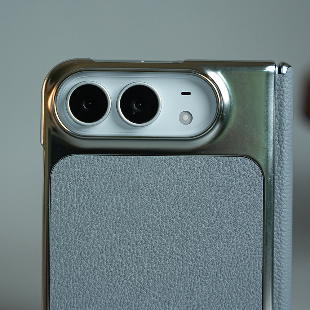 Textured Leather Case for iPhone Duo with Front Glass, Matte Chrome Finish & Hinge Protection