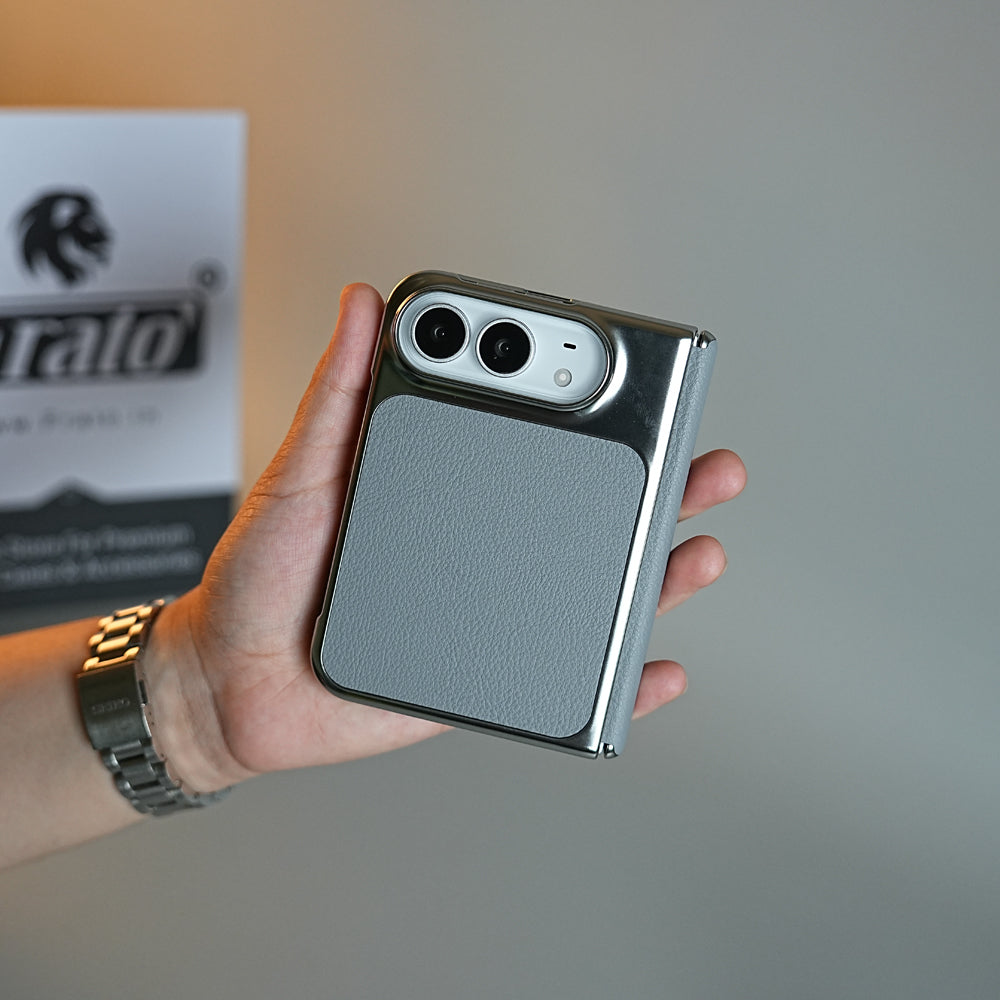 Textured Leather Case for iPhone Duo with Front Glass, Matte Chrome Finish & Hinge Protection