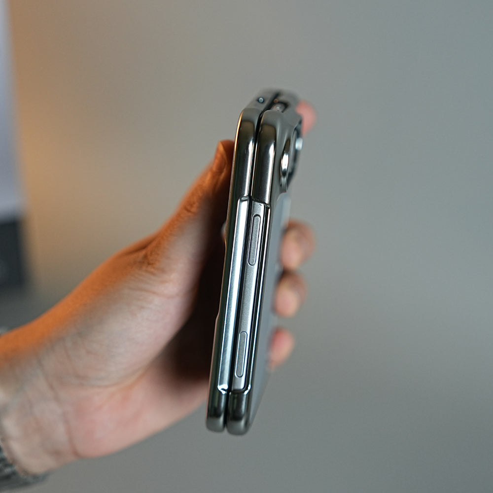 Textured Leather Case for iPhone Duo with Front Glass, Matte Chrome Finish & Hinge Protection