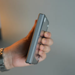 Textured Leather Case for iPhone Duo with Front Glass, Matte Chrome Finish & Hinge Protection