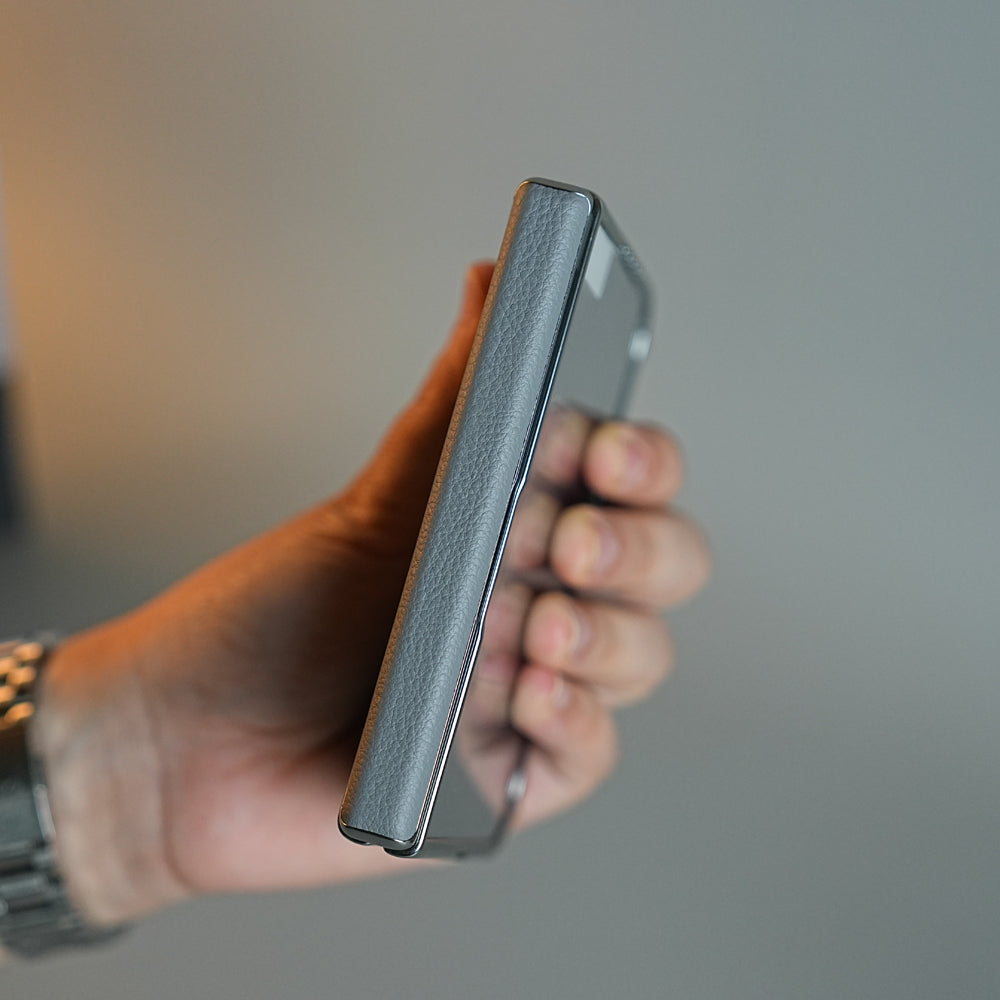 Textured Leather Case for iPhone Duo with Front Glass, Matte Chrome Finish & Hinge Protection