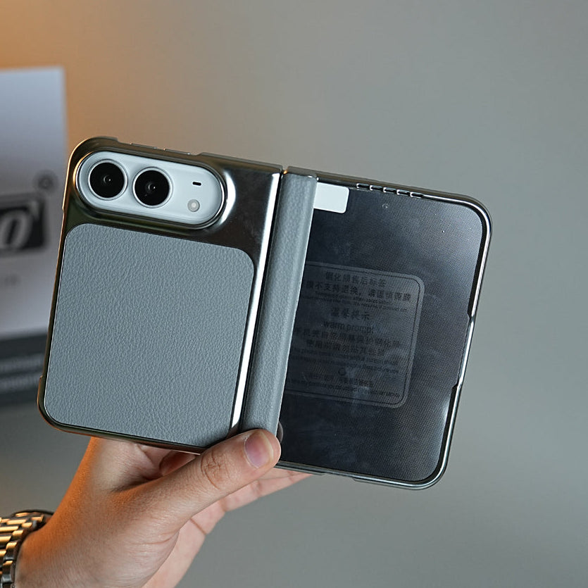 Textured Leather Case for iPhone Duo with Front Glass, Matte Chrome Finish & Hinge Protection