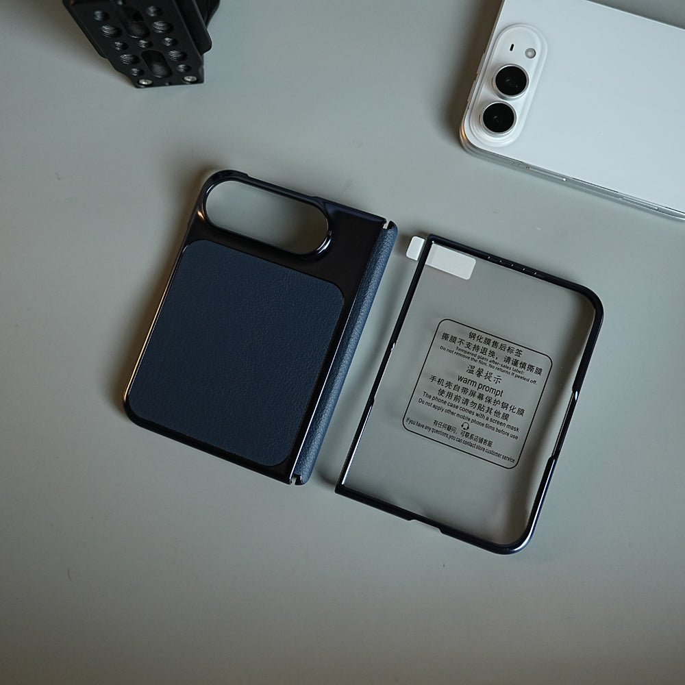 Textured Leather Case for iPhone Duo with Front Glass, Matte Chrome Finish & Hinge Protection