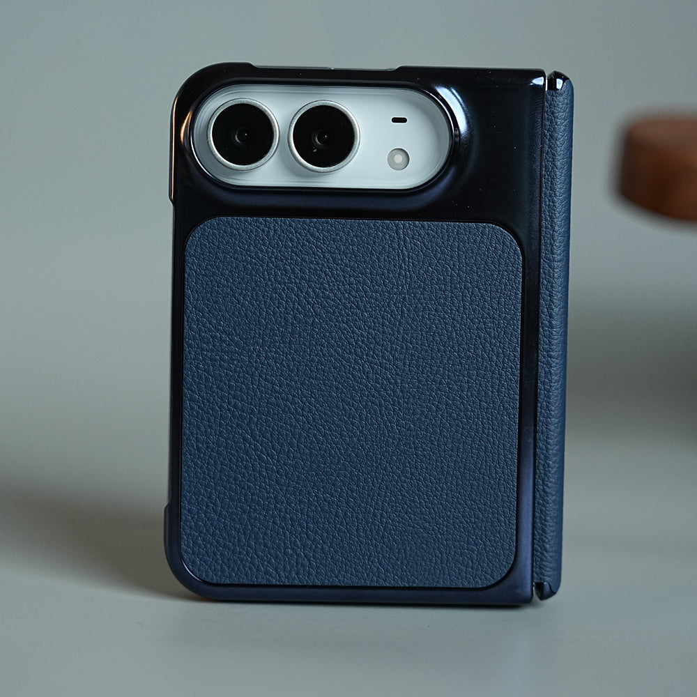 Textured Leather Case for iPhone Duo with Front Glass, Matte Chrome Finish & Hinge Protection