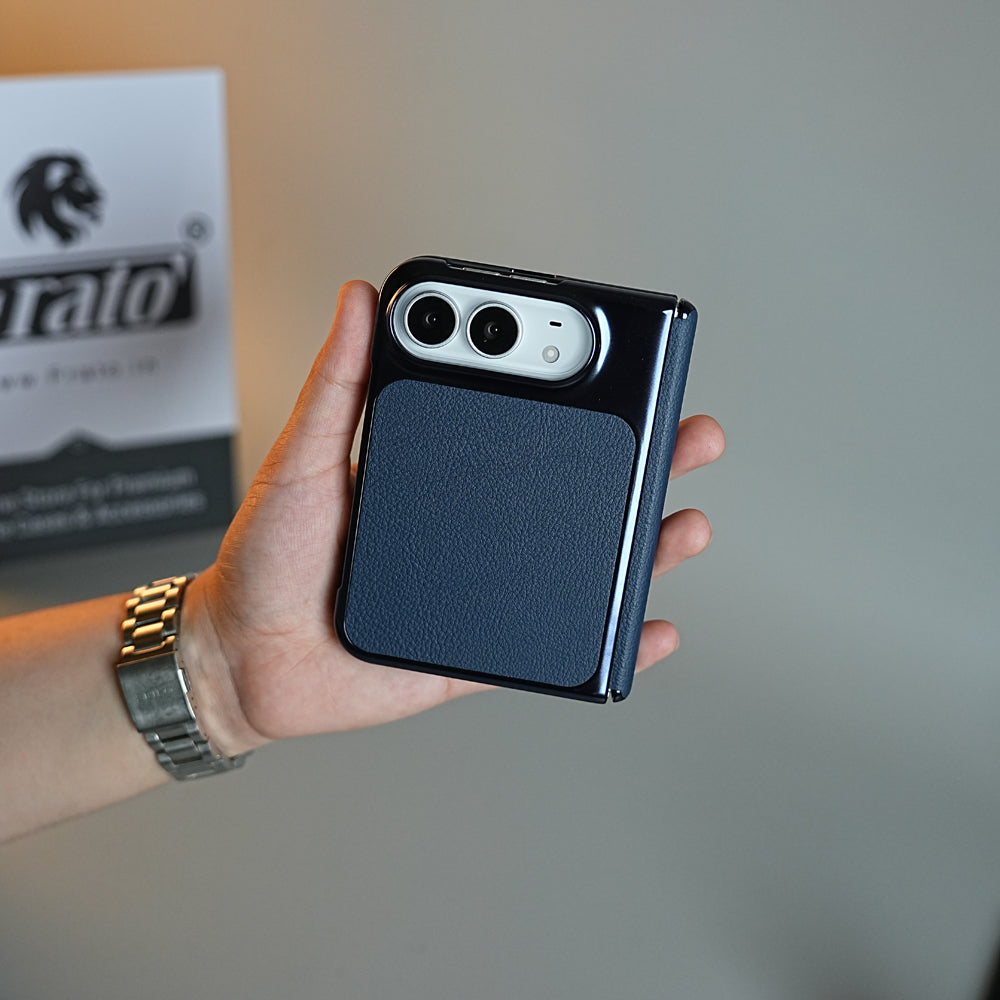 Textured Leather Case for iPhone Duo with Front Glass, Matte Chrome Finish & Hinge Protection