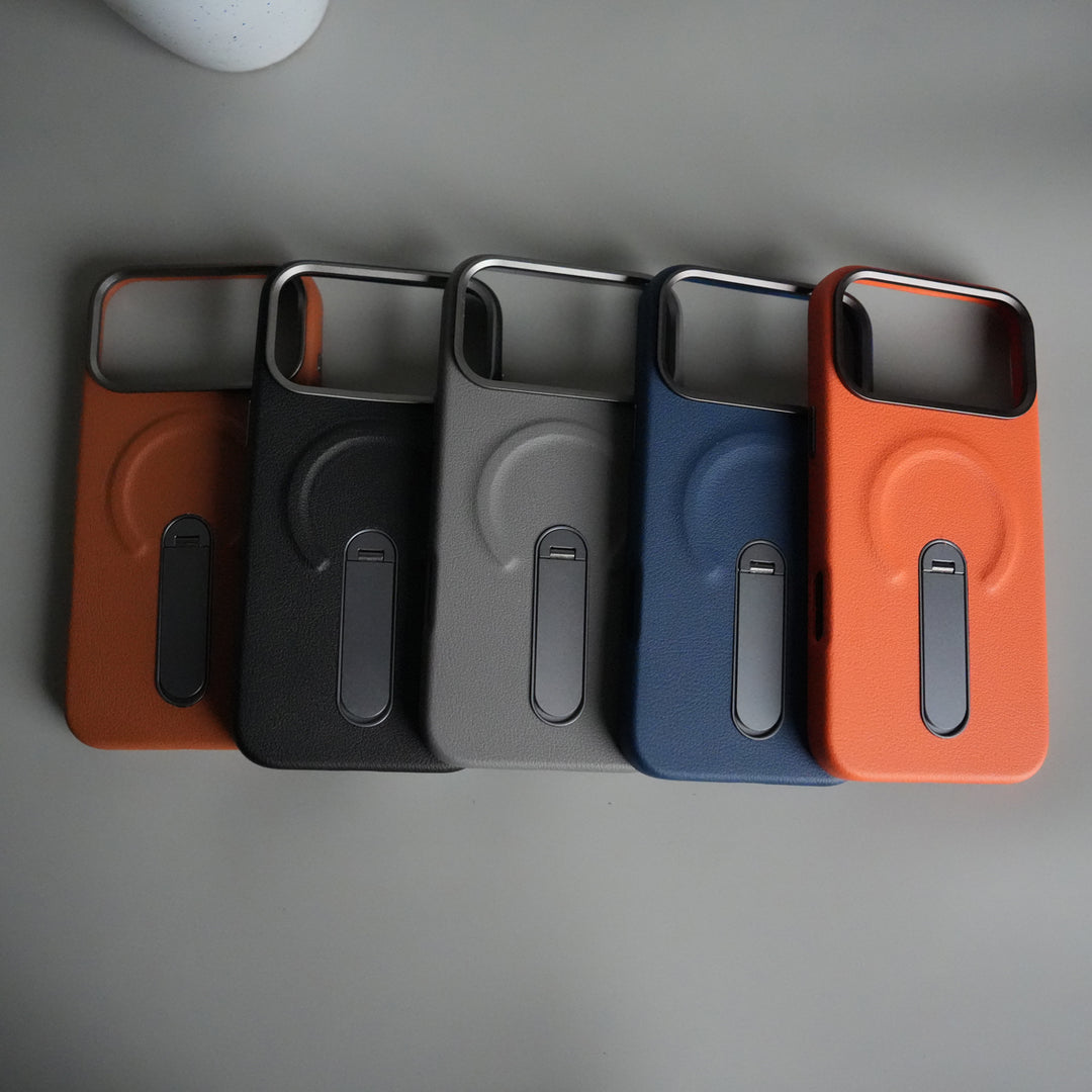 iPhone 17 Pro max Premium Leather-Texture Back Case with Metal Kickstand