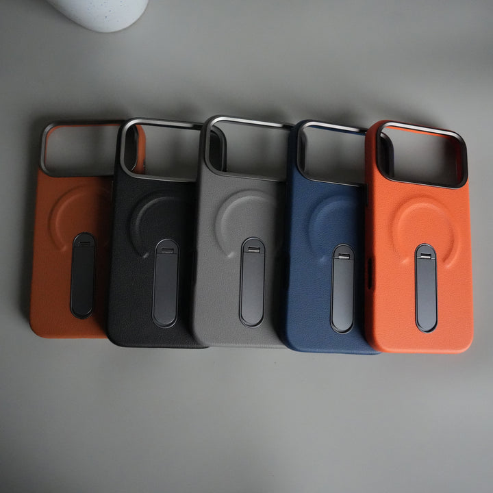 iPhone 17 Pro max Premium Leather-Texture Back Case with Metal Kickstand