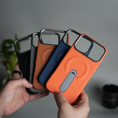 iPhone 17 Pro max Premium Leather-Texture Back Case with Metal Kickstand