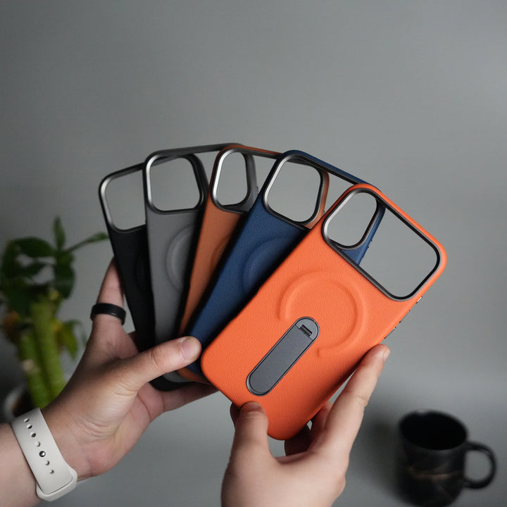 iPhone 17 Pro max Premium Leather-Texture Back Case with Metal Kickstand