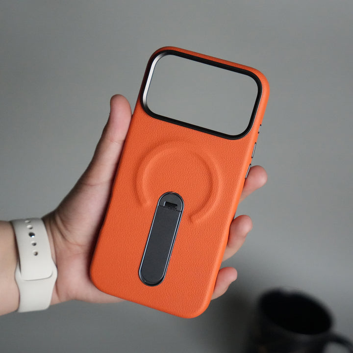 iPhone 17 Pro max Premium Leather-Texture Back Case with Metal Kickstand