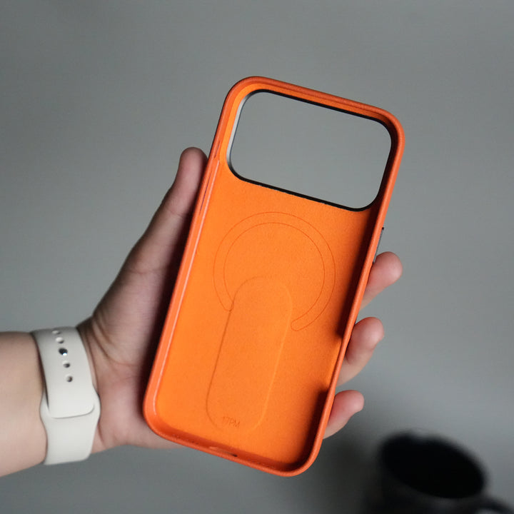 iPhone 17 Pro max Premium Leather-Texture Back Case with Metal Kickstand