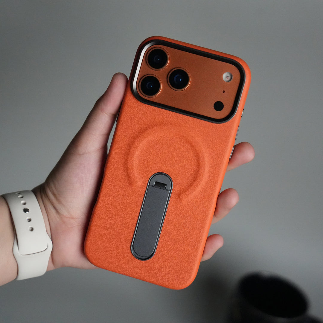 iPhone 17 Pro max Premium Leather-Texture Back Case with Metal Kickstand