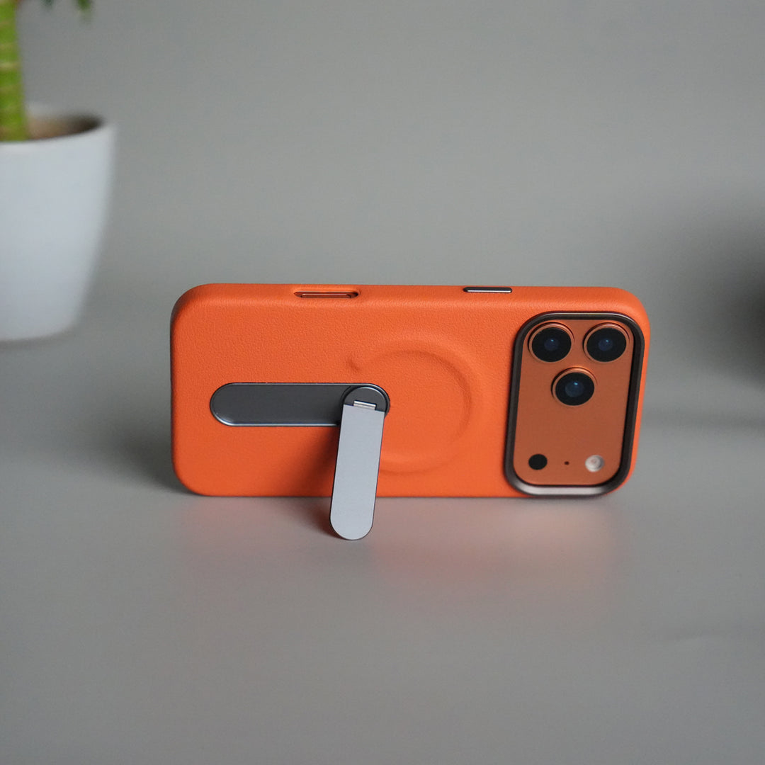 iPhone 17 Pro max Premium Leather-Texture Back Case with Metal Kickstand