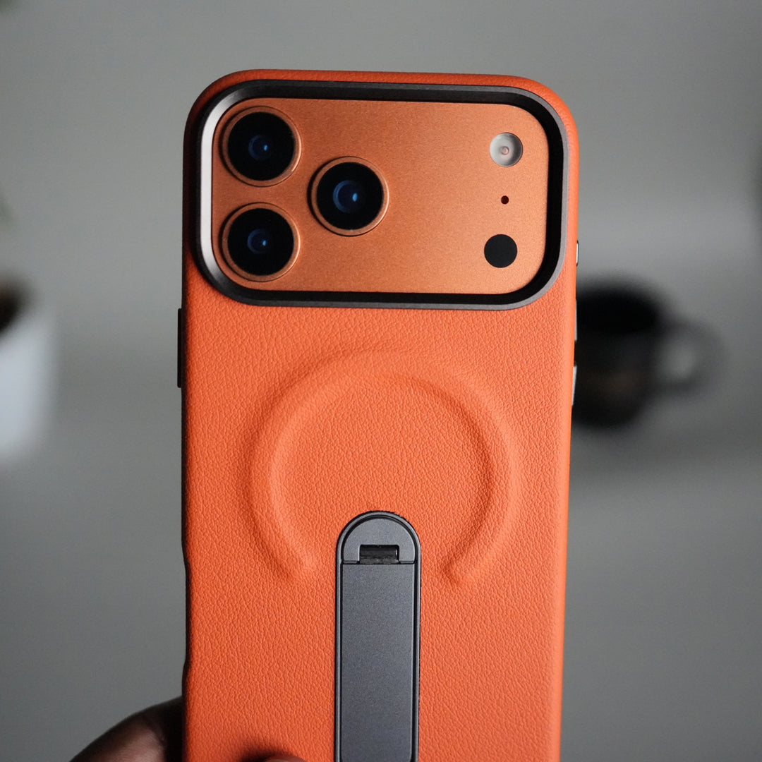 iPhone 17 Pro max Premium Leather-Texture Back Case with Metal Kickstand