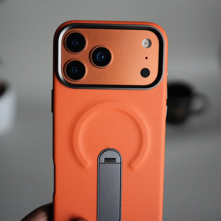 iPhone 17 Pro max Premium Leather-Texture Back Case with Metal Kickstand