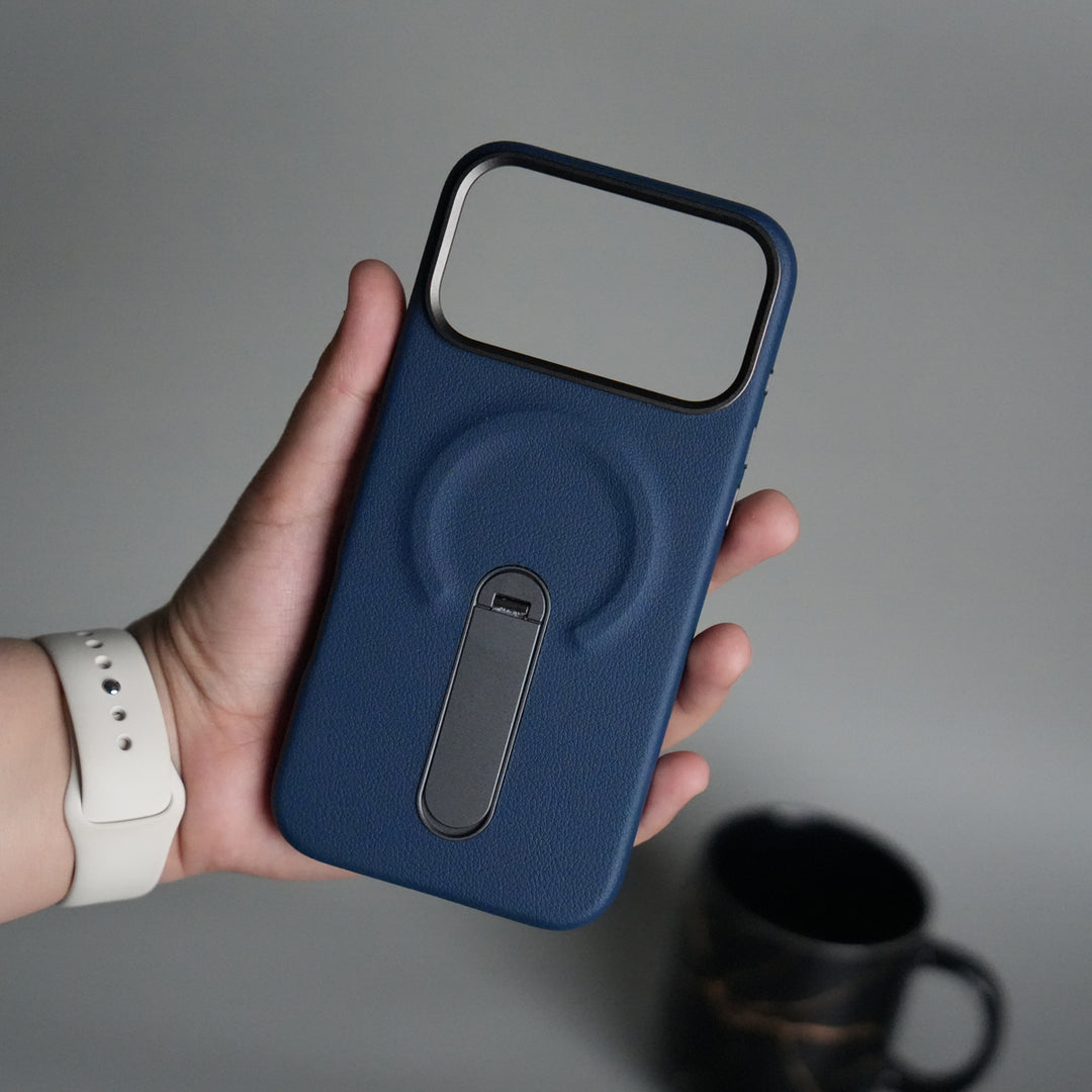 iPhone 17 Pro max Premium Leather-Texture Back Case with Metal Kickstand