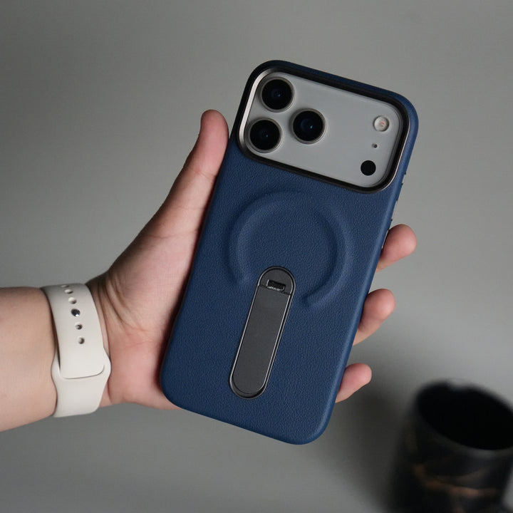 iPhone 17 Pro max Premium Leather-Texture Back Case with Metal Kickstand