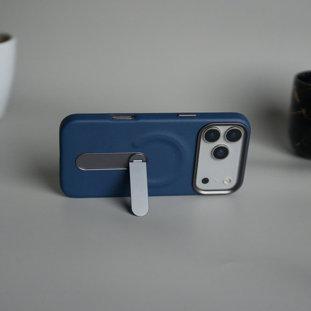 iPhone 17 Pro max Premium Leather-Texture Back Case with Metal Kickstand