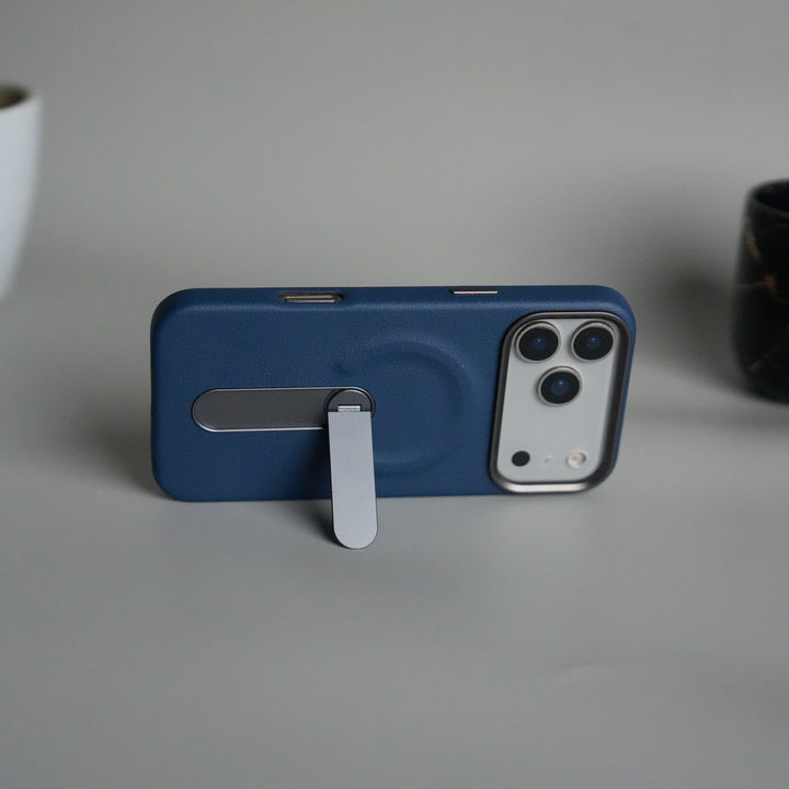 iPhone 17 Pro max Premium Leather-Texture Back Case with Metal Kickstand