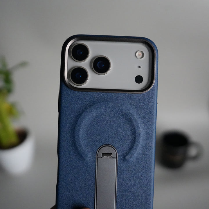 iPhone 17 Pro max Premium Leather-Texture Back Case with Metal Kickstand