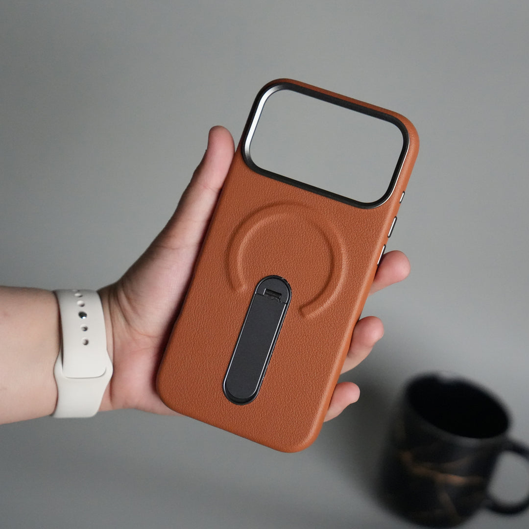 iPhone 17 Pro max Premium Leather-Texture Back Case with Metal Kickstand